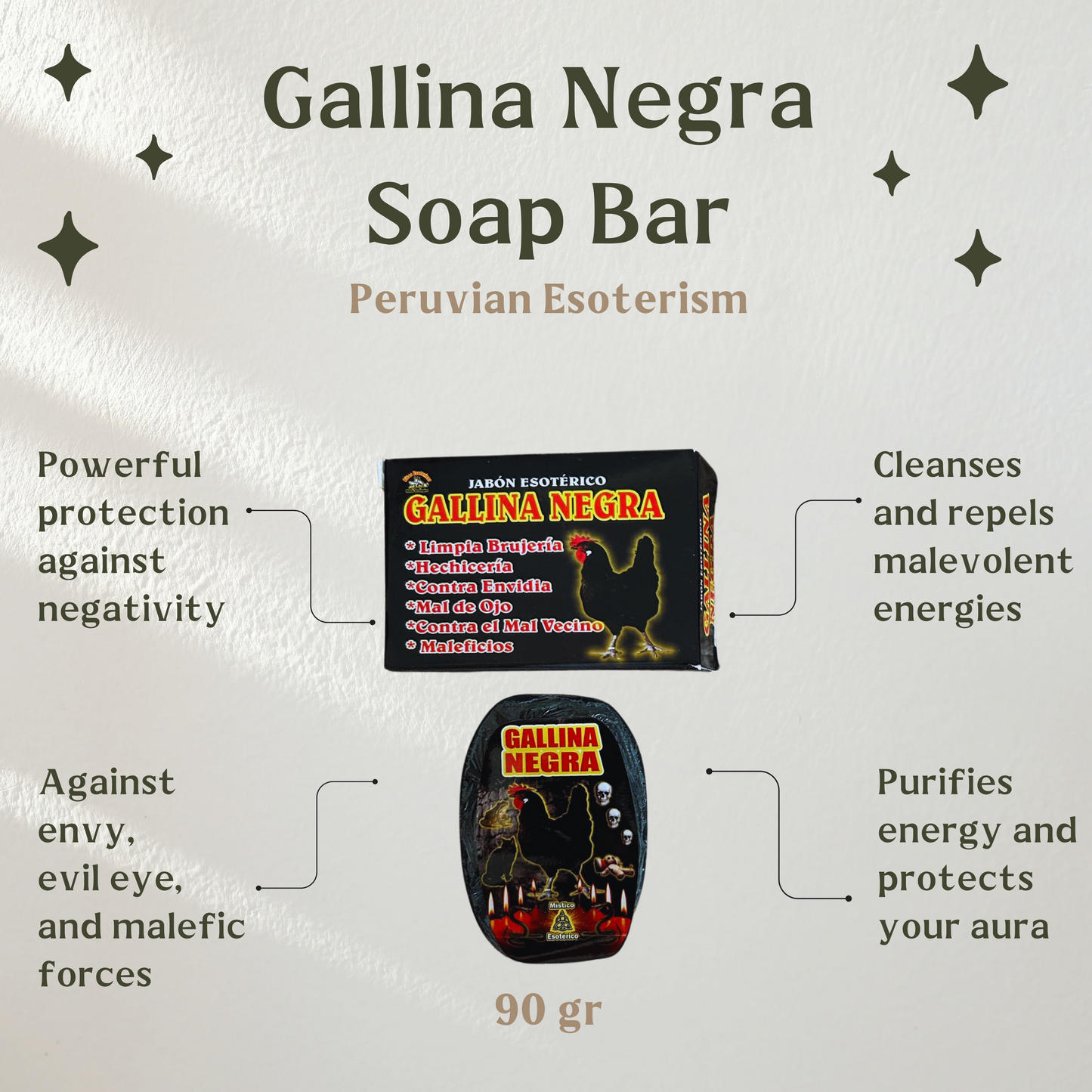 Gallina Negra Soap Bar - Powerful Protection Against Envy, Evil Eye, and Malevolent Energies - Cleansing and Warding 90gr 1 unit